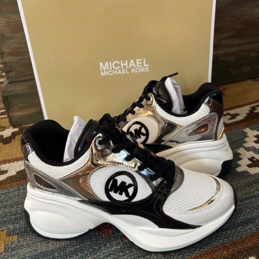 Michael Kors Zuma Women's US 8 Metallic Mesh Leather Trainer Shoes 43F4ZUFS2D